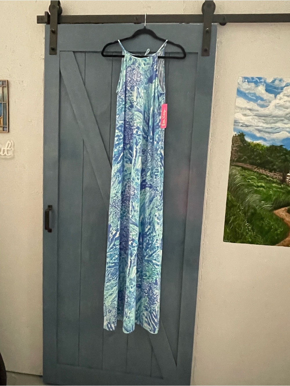 Lilly Pulitzer Blue Aqua Print Halter Maxi Dress